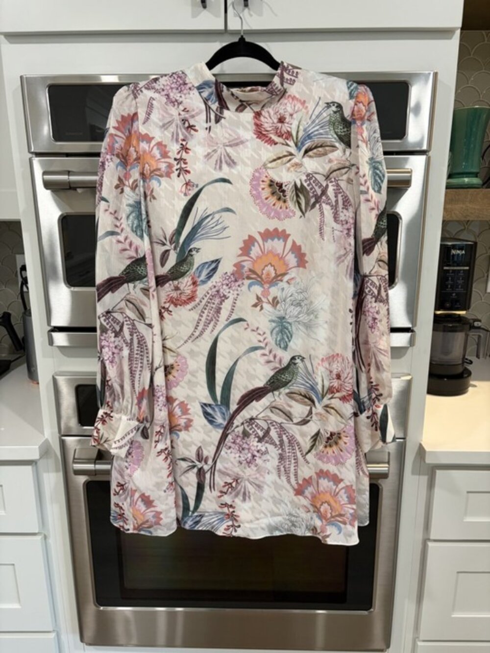 Ted Baker London Long Sleeve Floral Bird Print Dress - Cream, Pink, Green, Blue